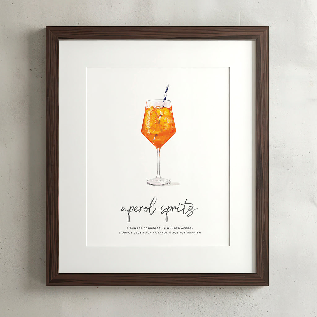 Aperol Spritz cocktail wall art poster in a walnut frame, hand-drawn recipe illustration, 8x10 print