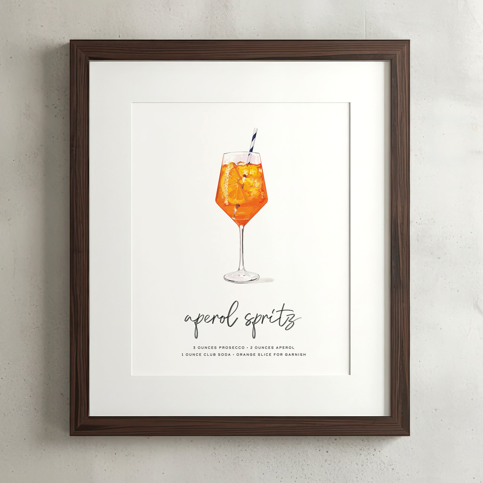 Aperol Spritz cocktail wall art poster in a walnut frame, hand-drawn recipe illustration, 8x10 print