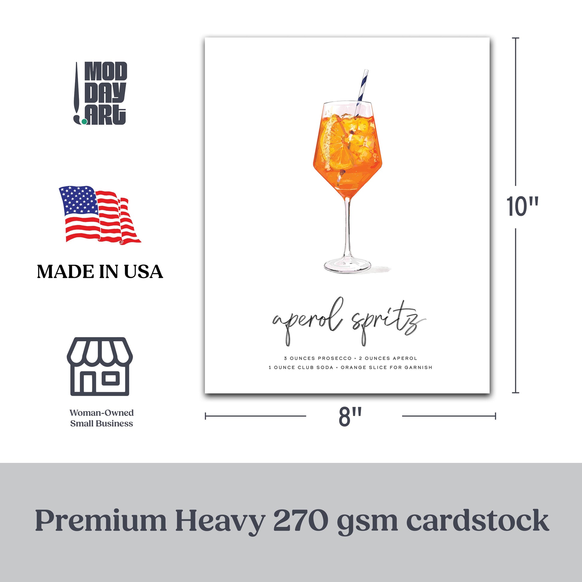 Aperol Spritz cocktail wall art on premium cardstock with blue and white striped straw.