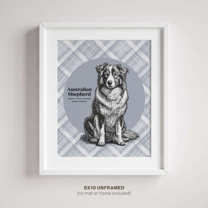 Australian Shepherd drawing shown in a white frame with a mat on a bedroom wall.