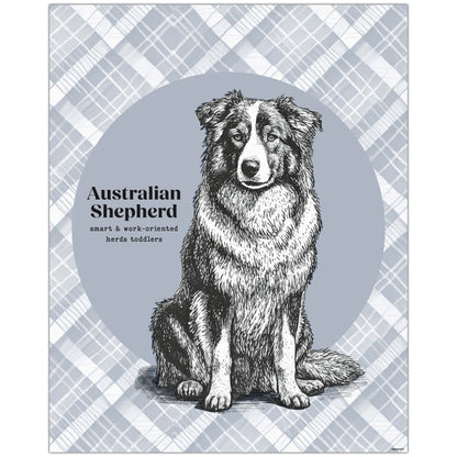 Feature image of Australian Shepherd drawing in modern blue tones, featured as an 8x10 wall art piece, perfect for dog lovers and home decor enthusiasts.