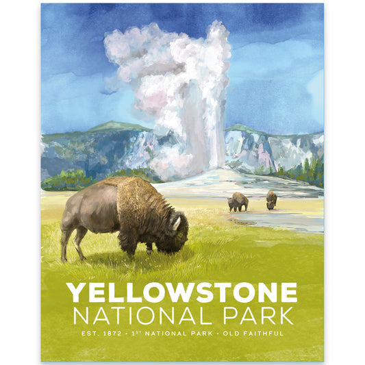 Yellowstone National Park poster featuring bison and Old Faithful geyser.