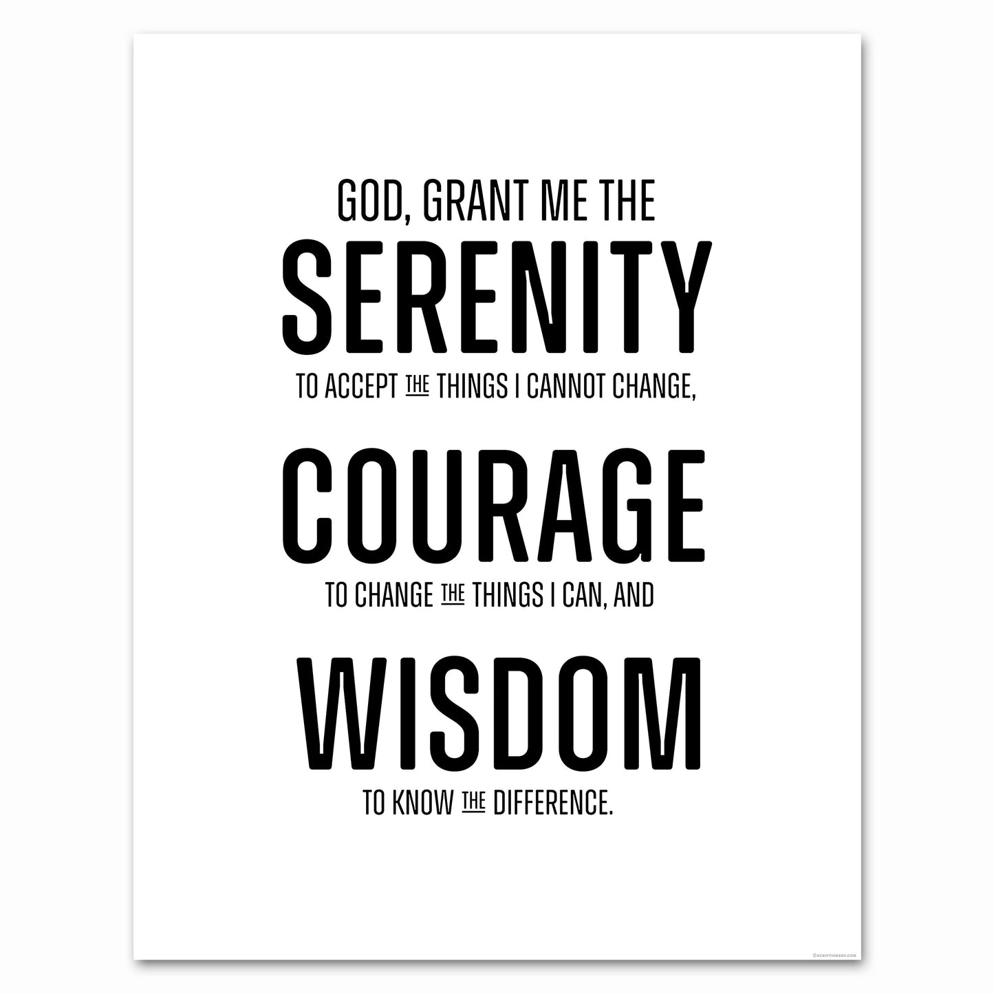 God grant me the serenity wall art in block print style with inspirational quote, minimalist black and white typography.