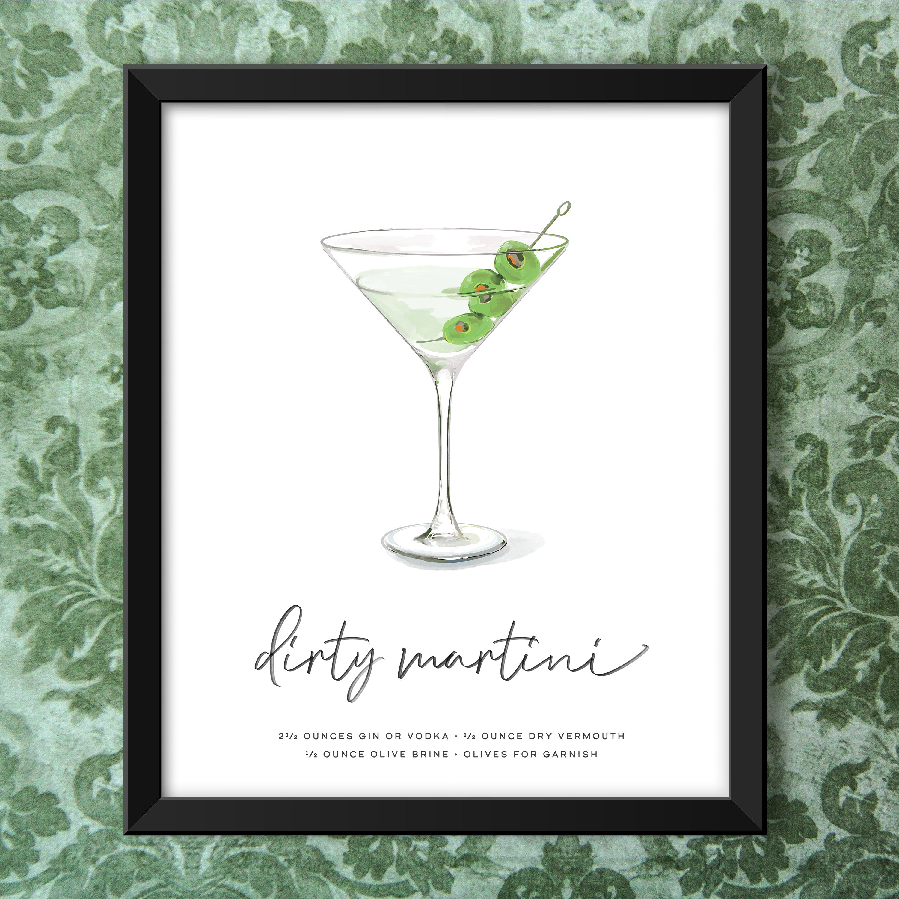 Dirty Martini recipe wall art in green wallpapered wall.