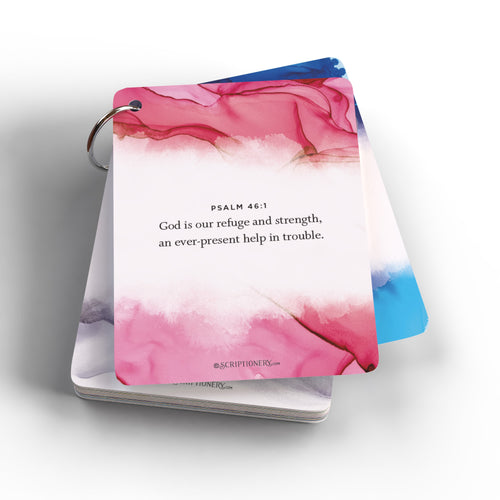 Scripture cards with Bible verses, offering encouragement for grief and loss, featuring Psalm 46:1 for comfort and healing.