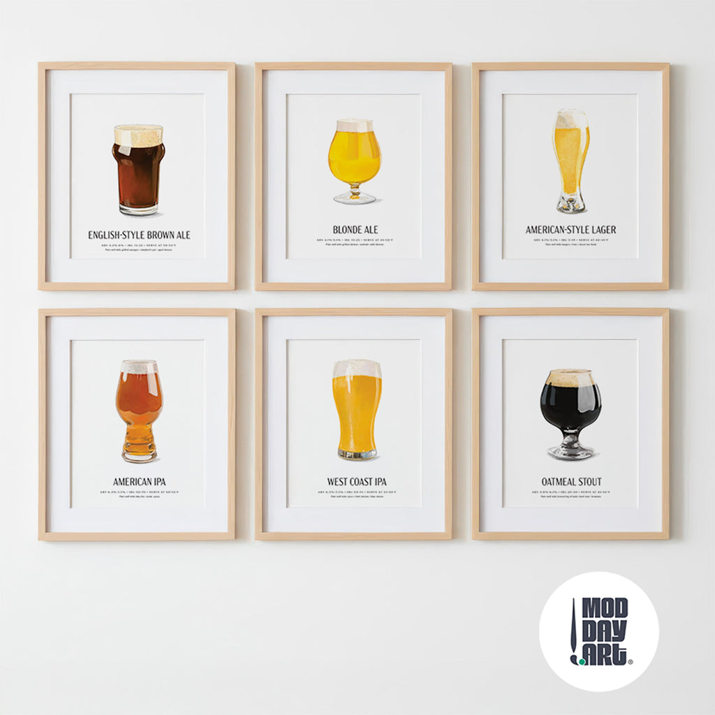 Beer poster collection of 6 framed craft beer posters including IPA, Blonde Ale, Lager, Brown Ale, and Stout