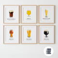 Beer poster collection of 6 framed craft beer posters including IPA, Blonde Ale, Lager, Brown Ale, and Stout
