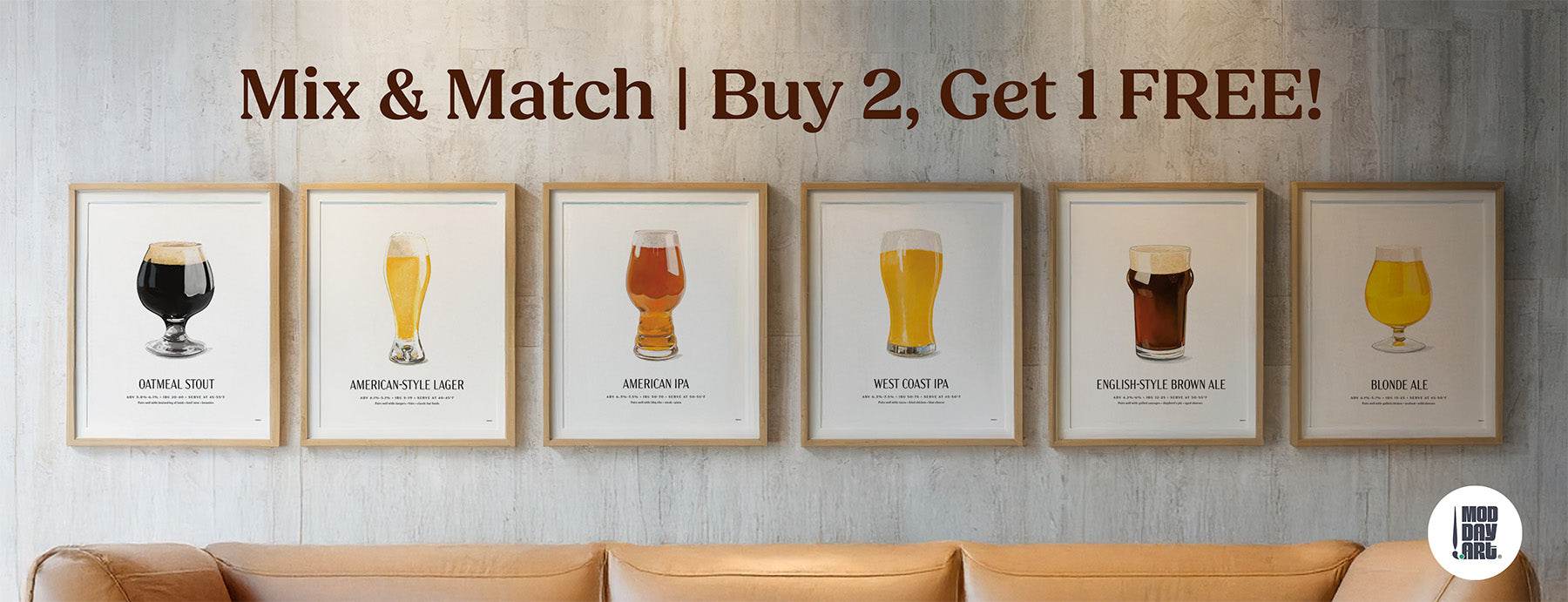 Framed craft beer wall art of glasses with Buy 2 Get 1 promotional text.