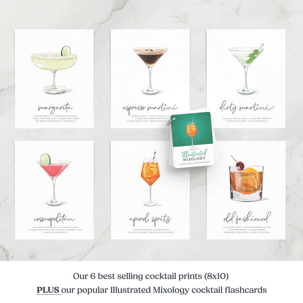 Set of Mod Day Art cocktail prints and Illustrated Mixology cocktail flashcards on a white background
