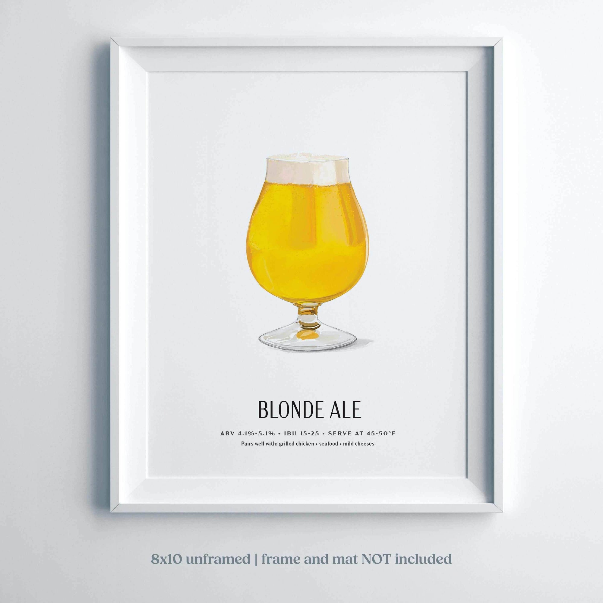 Blonde Ale Beer Poster – Light, crisp craft beer wall art with tulip glass illustration, 8x10 unframed.
