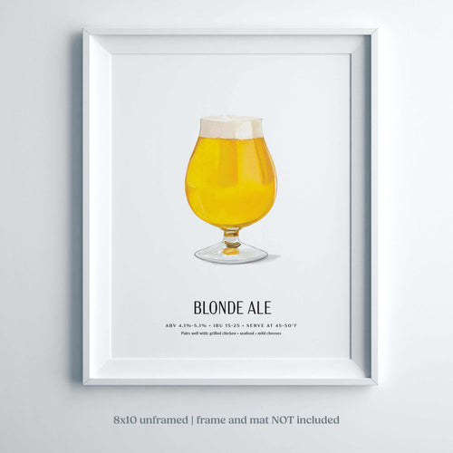 Blonde Ale Beer Poster – Light, crisp craft beer wall art with tulip glass illustration, 8x10 unframed.