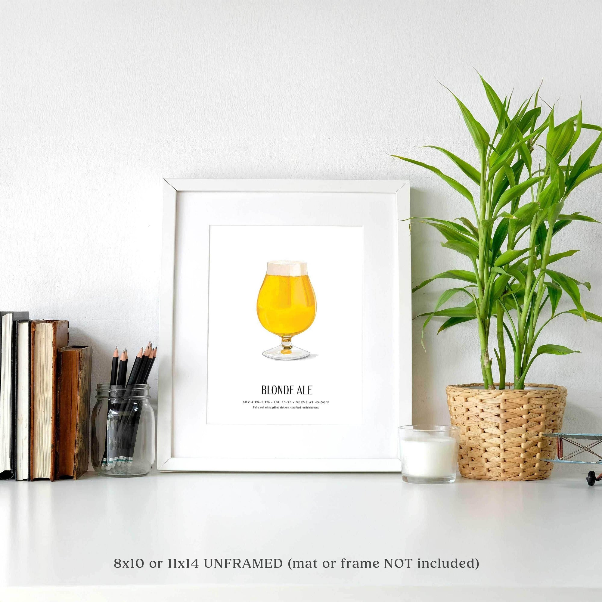 Blonde Ale Beer Poster featuring a hand-illustrated tulip glass, unframed, 8x10 size, for craft beer enthusiasts.