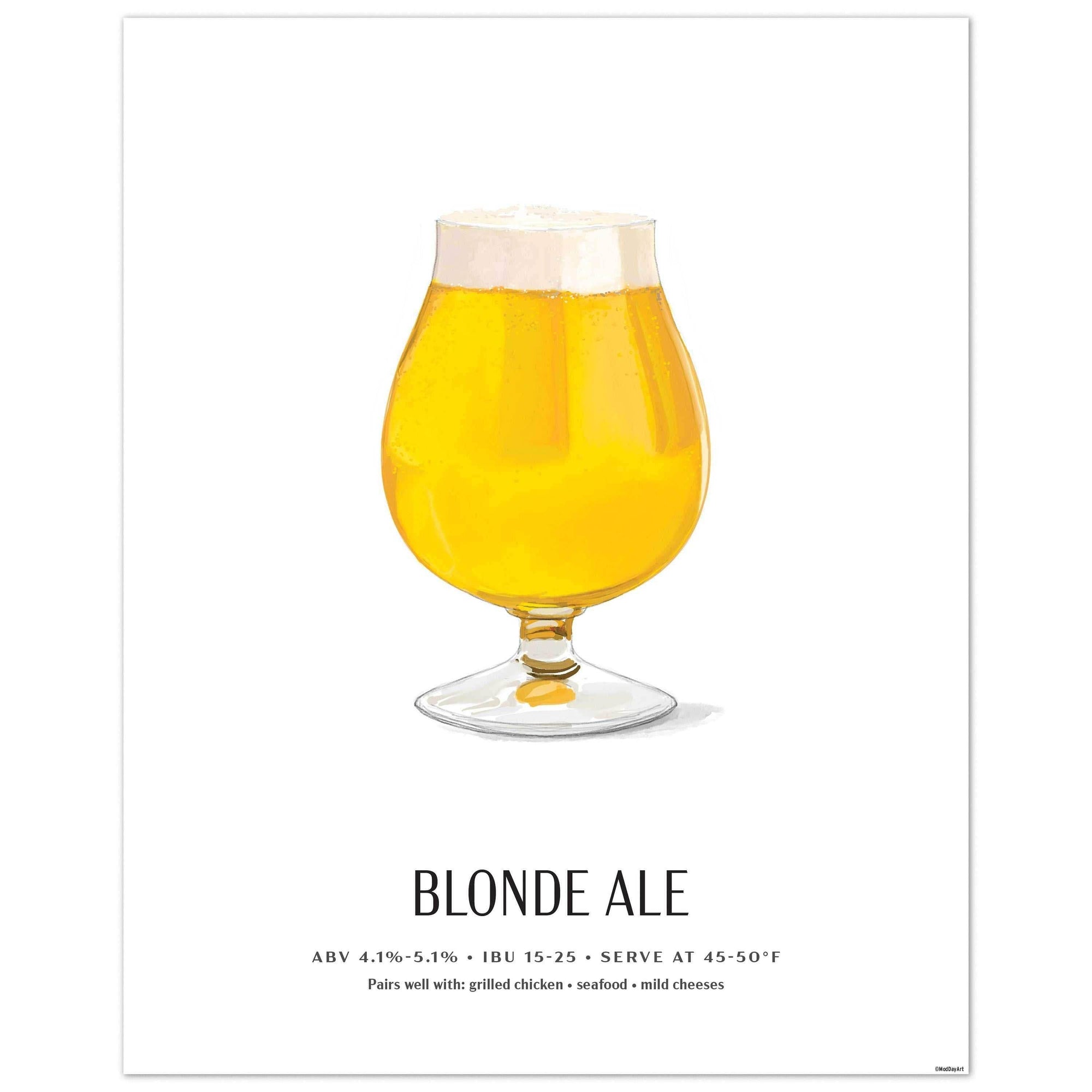 Blonde Ale Beer Poster featuring hand-illustrated tulip glass, 8x10 wall art.