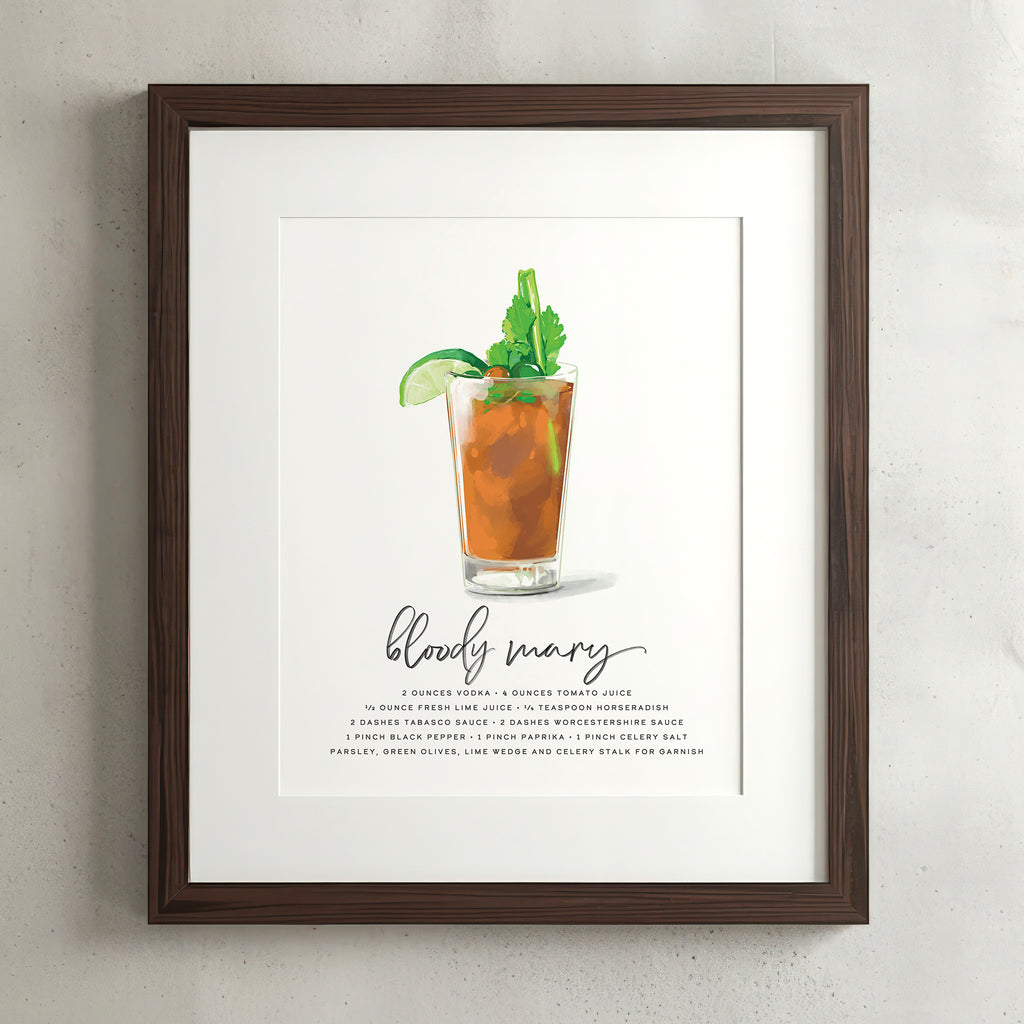 Bloody Mary cocktail wall art poster in a walnut frame, hand-drawn recipe illustration, 8x10 print