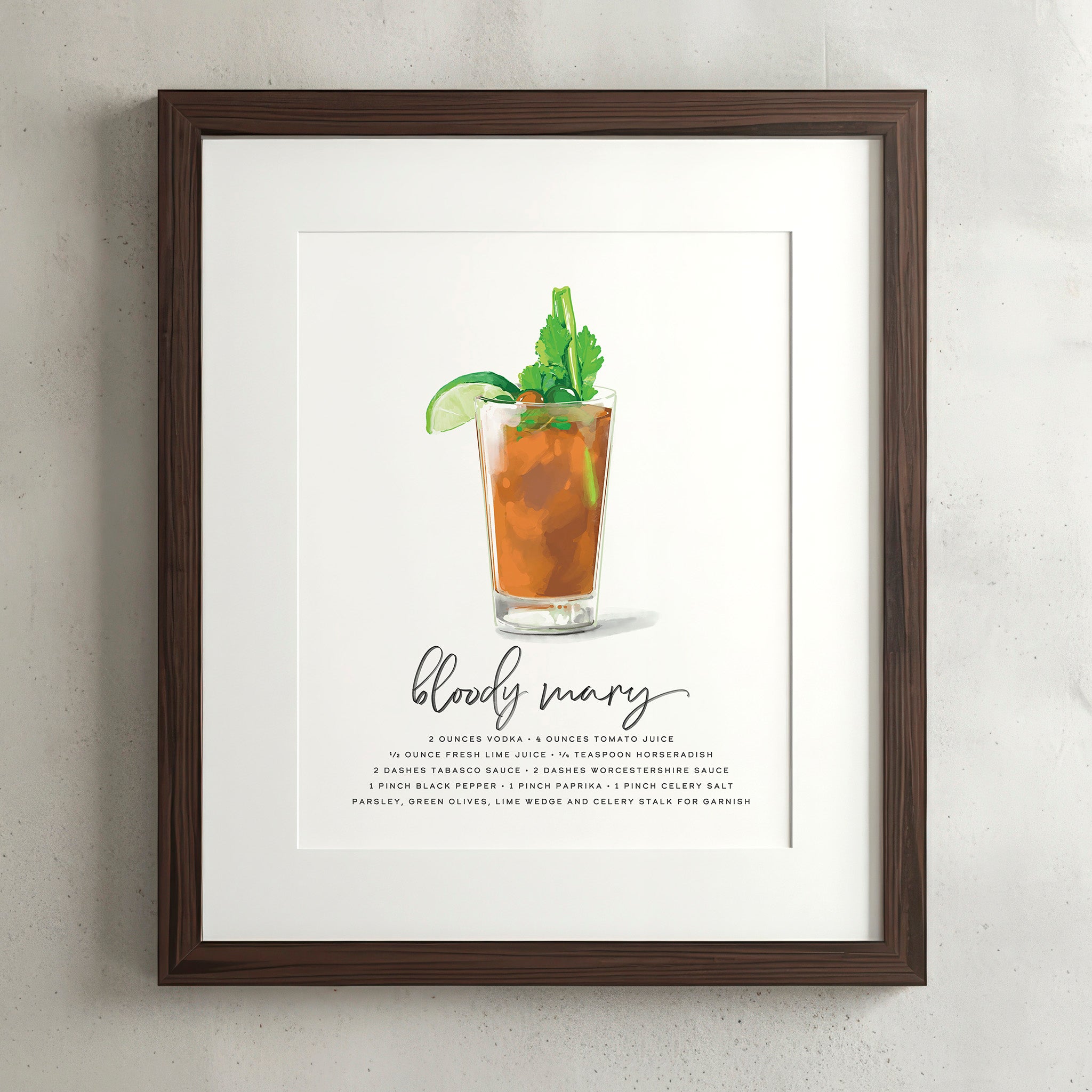 Bloody Mary cocktail wall art poster in a walnut frame, hand-drawn recipe illustration, 8x10 print