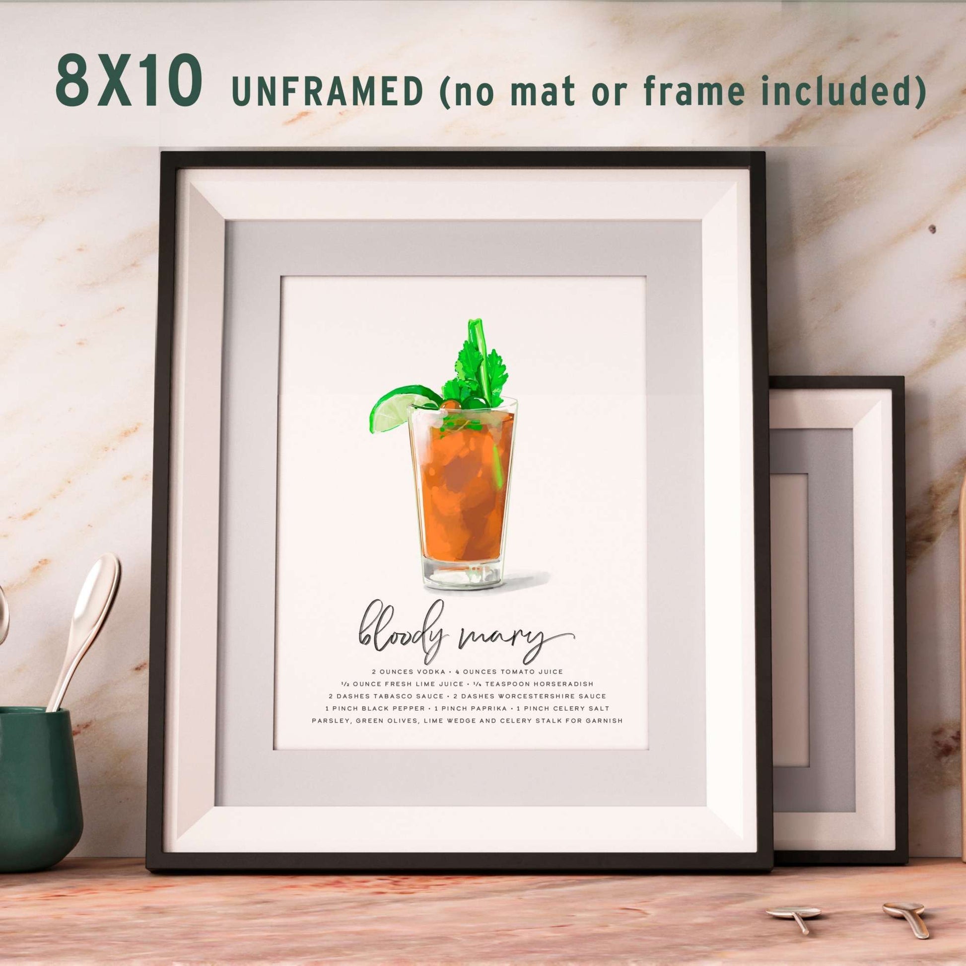 8x10 Bloody Mary recipe wall art displayed in a frame on a table, showcasing a detailed and vibrant cocktail illustration.