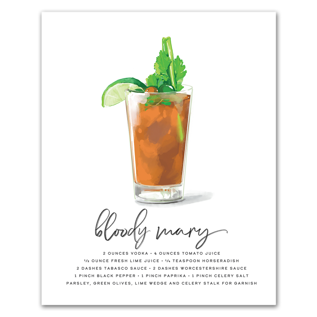 Bloody Mary cocktail recipe wall art print for kitchen or home bar