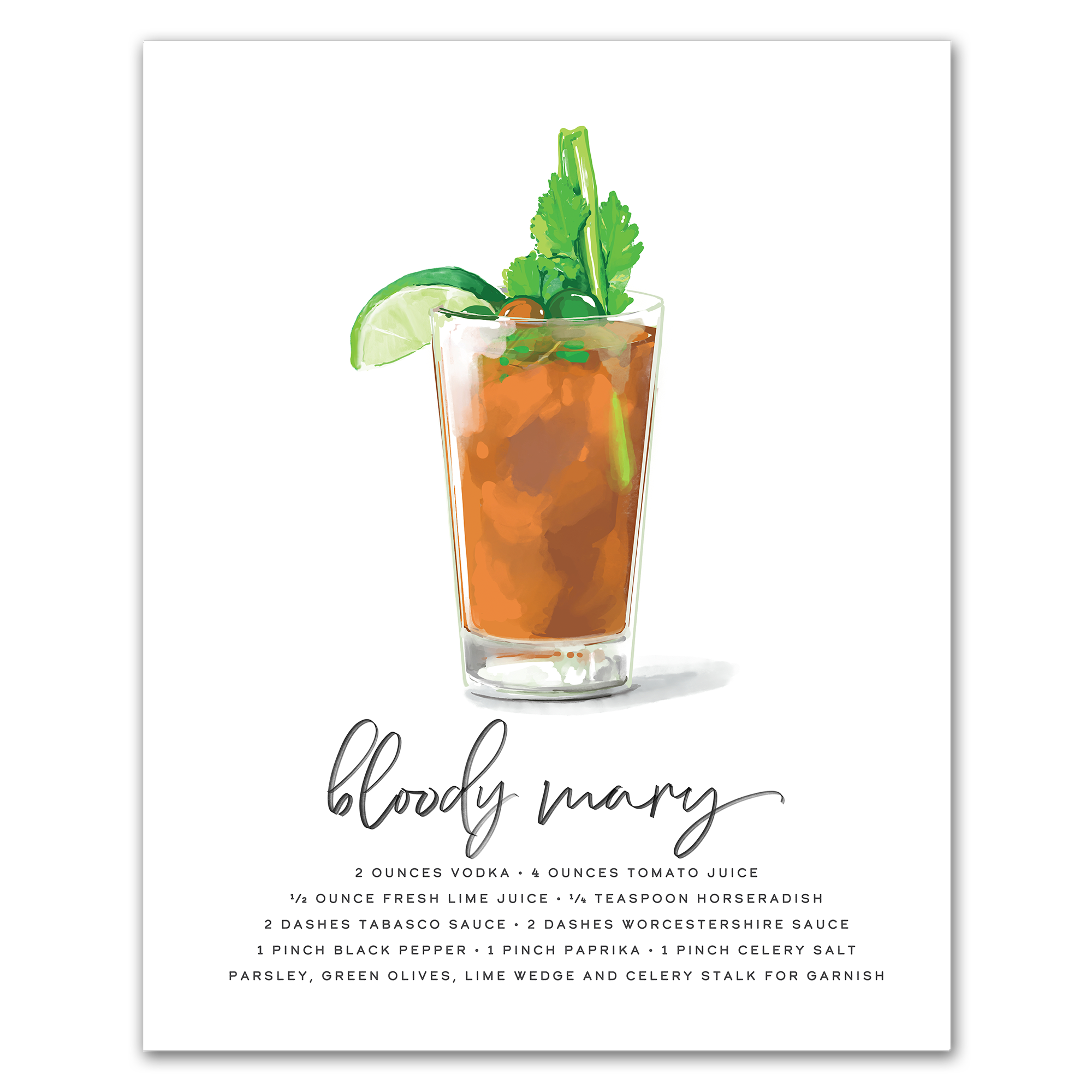 Bloody Mary cocktail recipe wall art print for kitchen or home bar