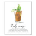 Bloody Mary recipe cocktail art featuring a glass of cocktail and garnishes on a white background