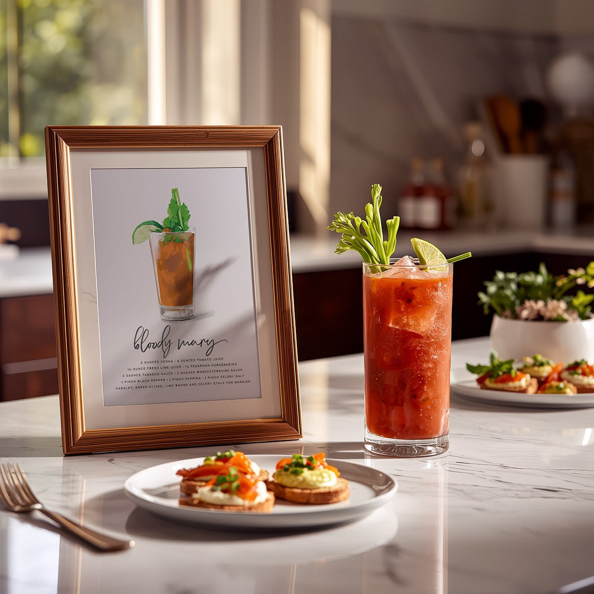 Bloody Mary recipe wall art on a kitchen counter with snacks arranged on plates