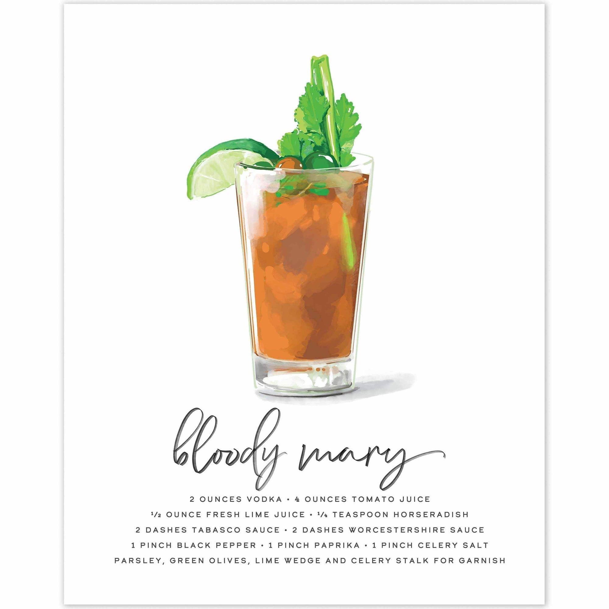 Bloody Mary cocktail wall art showcasing vibrant recipe ingredients and design.