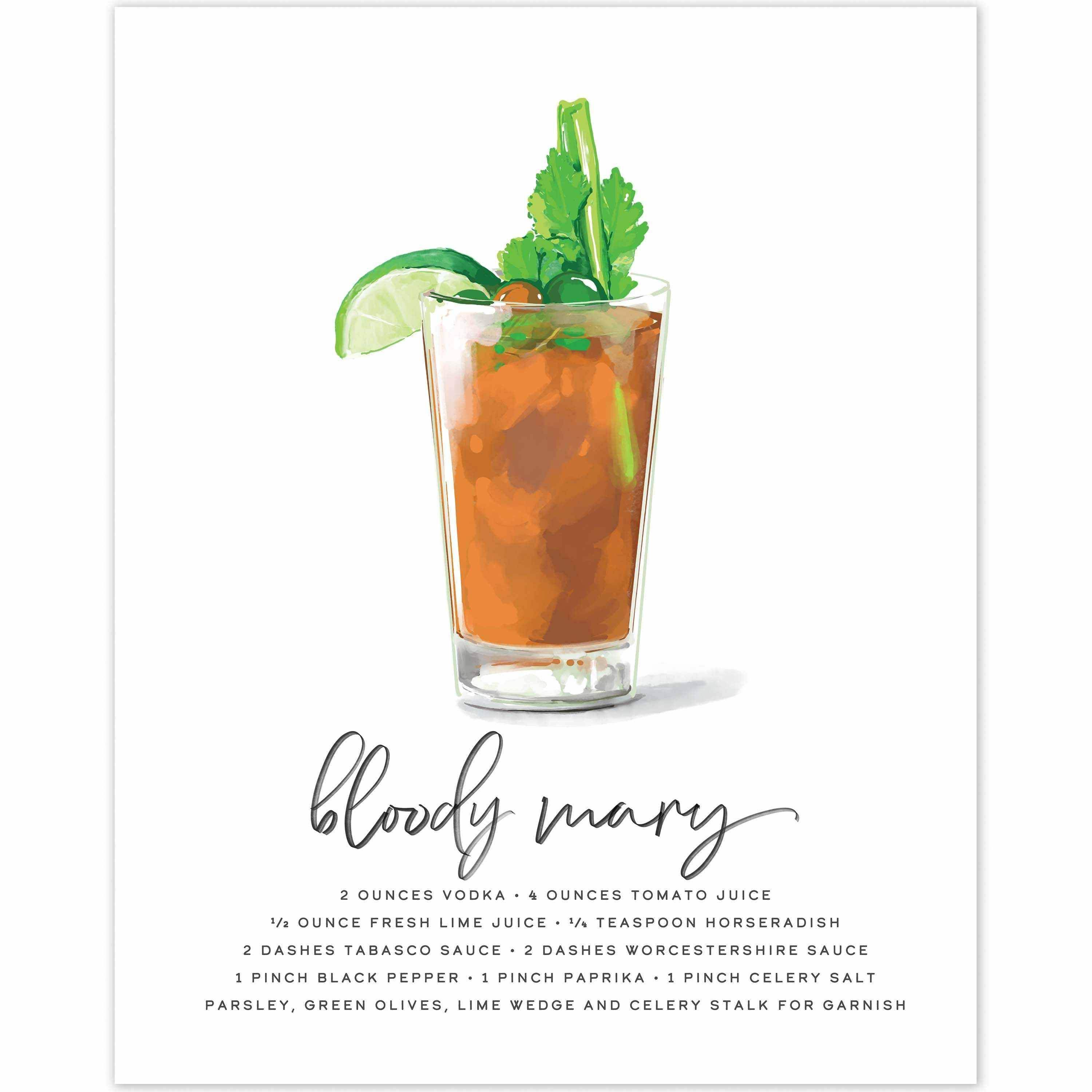 Bloody Mary cocktail wall art showcasing vibrant recipe ingredients and design.