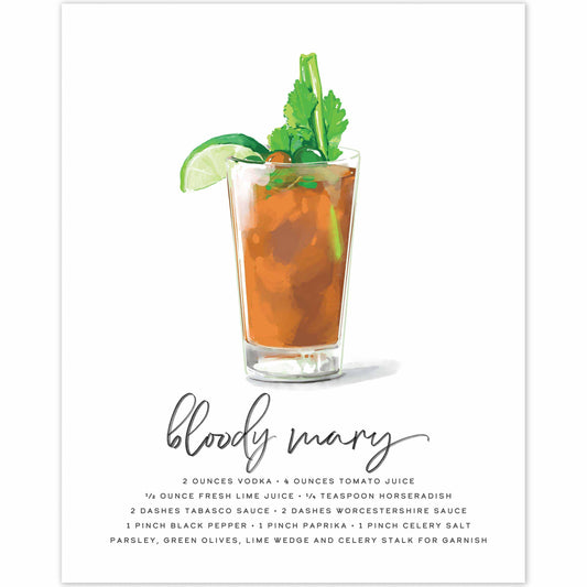 Bloody Mary cocktail wall art showcasing vibrant recipe ingredients and design.