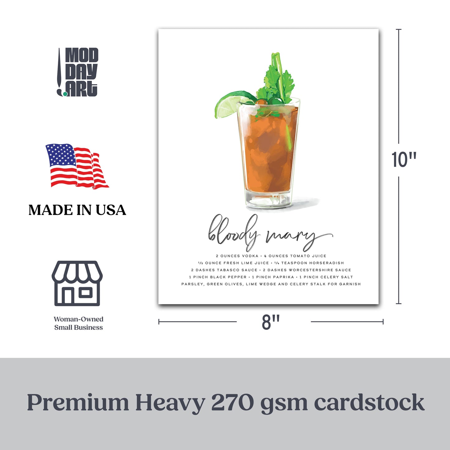 Bloody Mary cocktail wall art on premium cardstock, featuring a detailed recipe illustration.