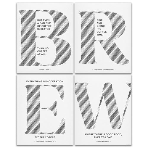4-piece BREW Coffee wall art set with bold typography and coffee quotes on Speckletone paper for kitchen decor.