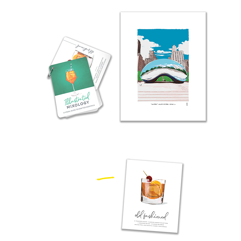 A set of printed cocktail-themed cards or art prints arranged on a white background, including a stack with a teal card reading 'The Artful Mixologist' and a larger print showing Chicago's Cloud Gate with the text 'Chicago, Illinois - 1871-2021'.