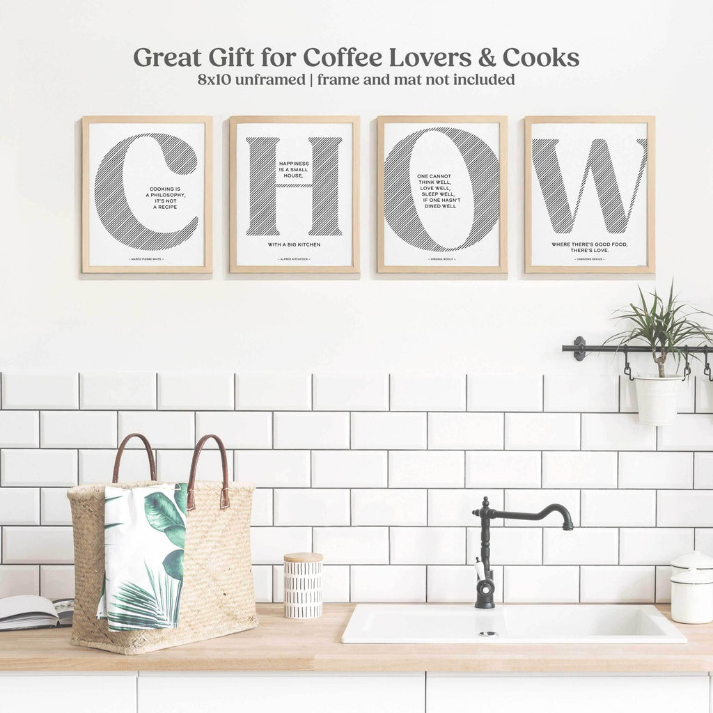 CHOW Wall Art - 4 Piece Kitchen Decor with Food Quotes on Speckletone Paper.