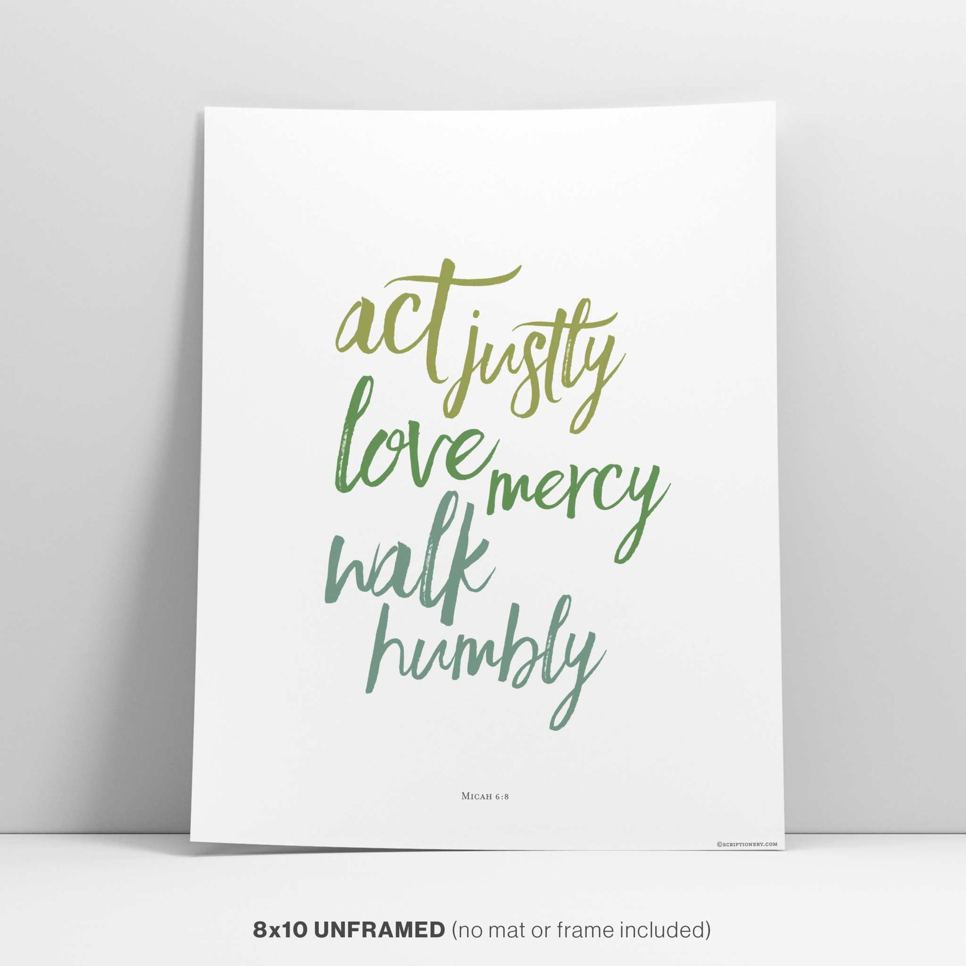 Modern Brush Calligraphy Bible Verse Wall Art featuring elegant, minimalist design with the text "act justly, love mercy, walk humbly" on an unframed 8x10 poster.