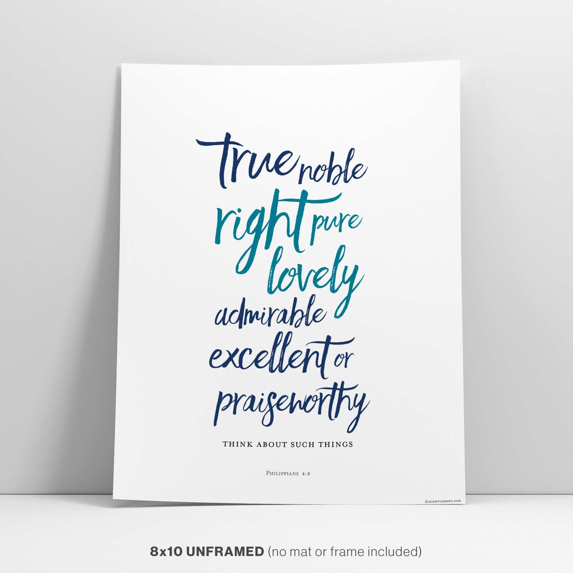 Modern brush calligraphy Bible verse wall art with elegant lettering on an unframed 8x10 print.