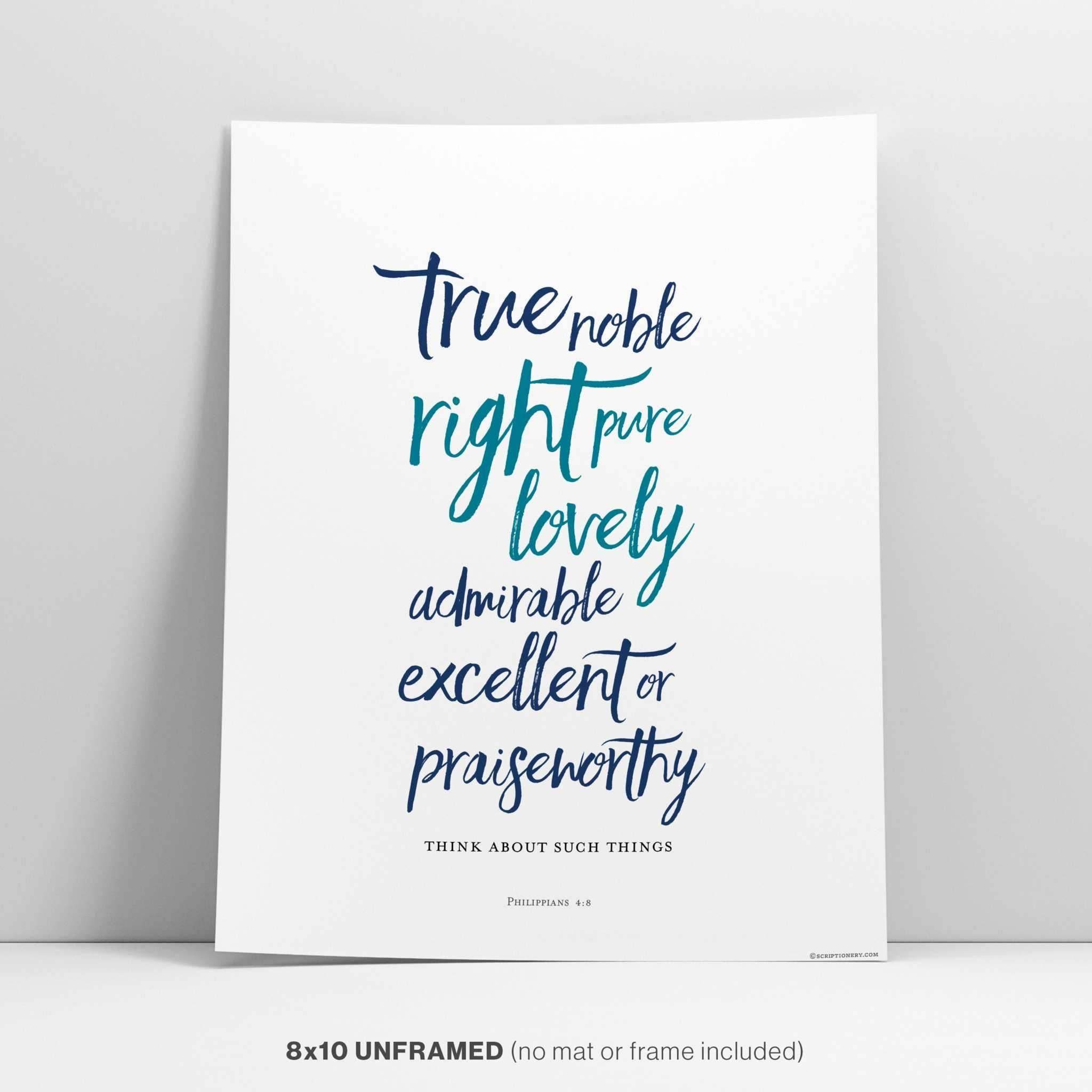 Modern brush calligraphy Bible verse wall art with elegant lettering on an unframed 8x10 print.