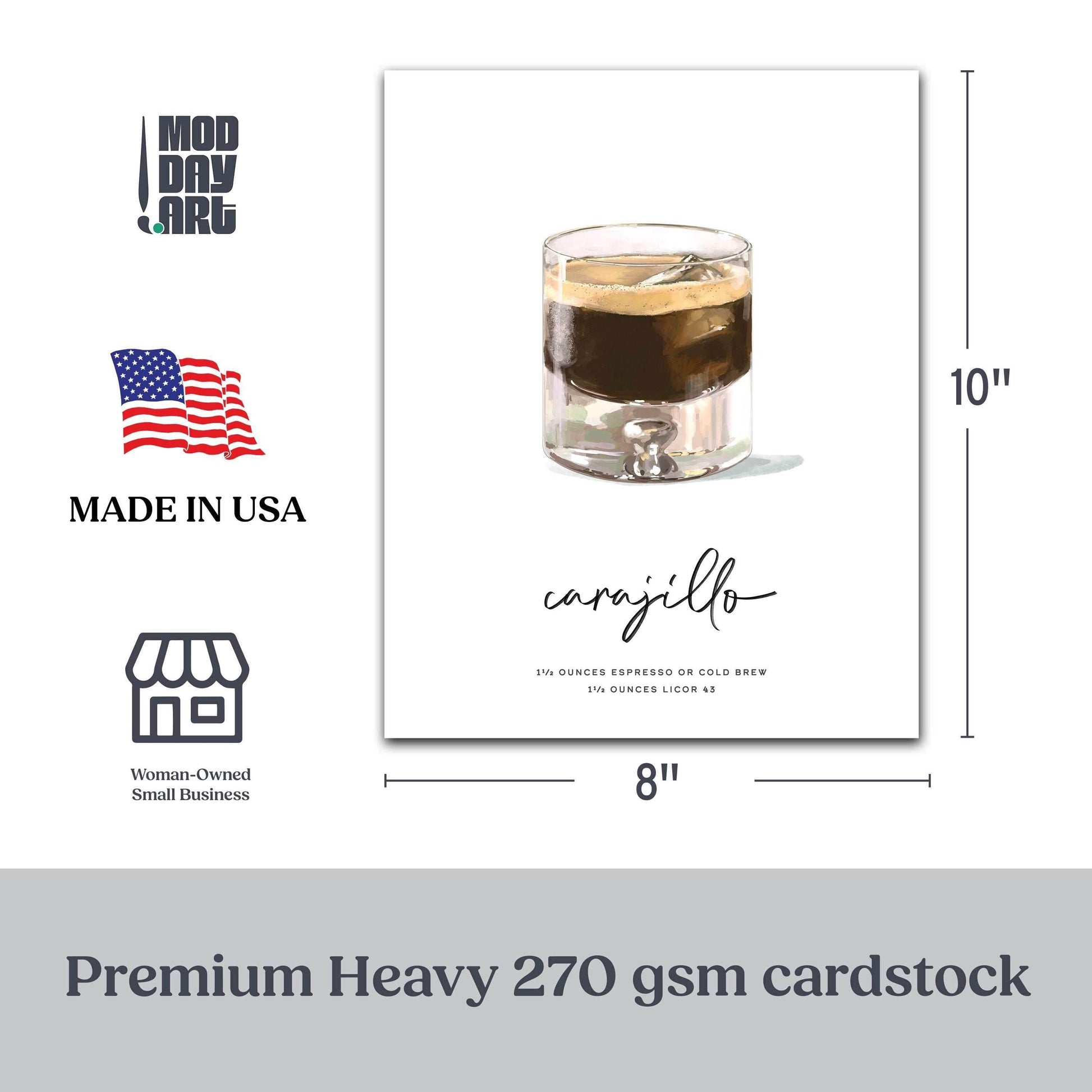 Carajillo recipe wall art dimensions and made in USA logo
