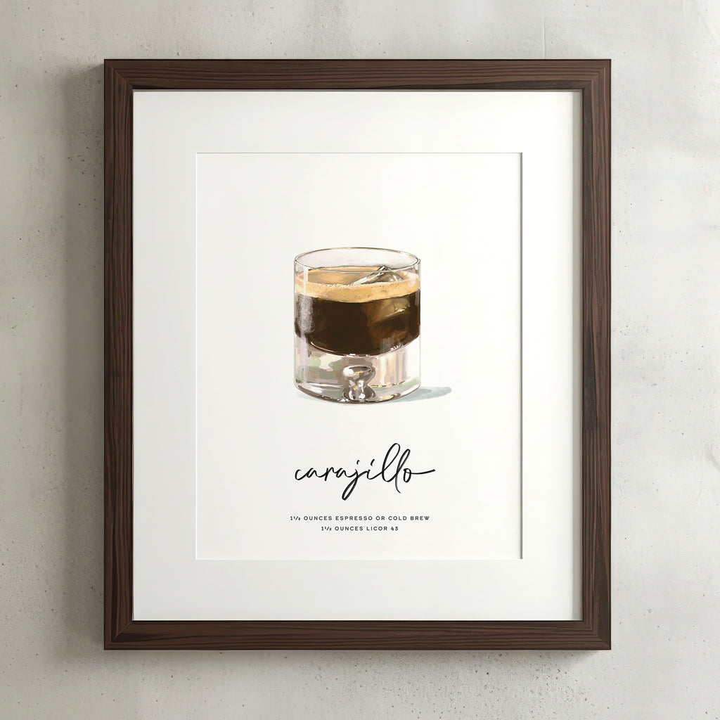 Carajillo cocktail wall art poster in a walnut frame, hand-drawn recipe illustration, 8x10 print