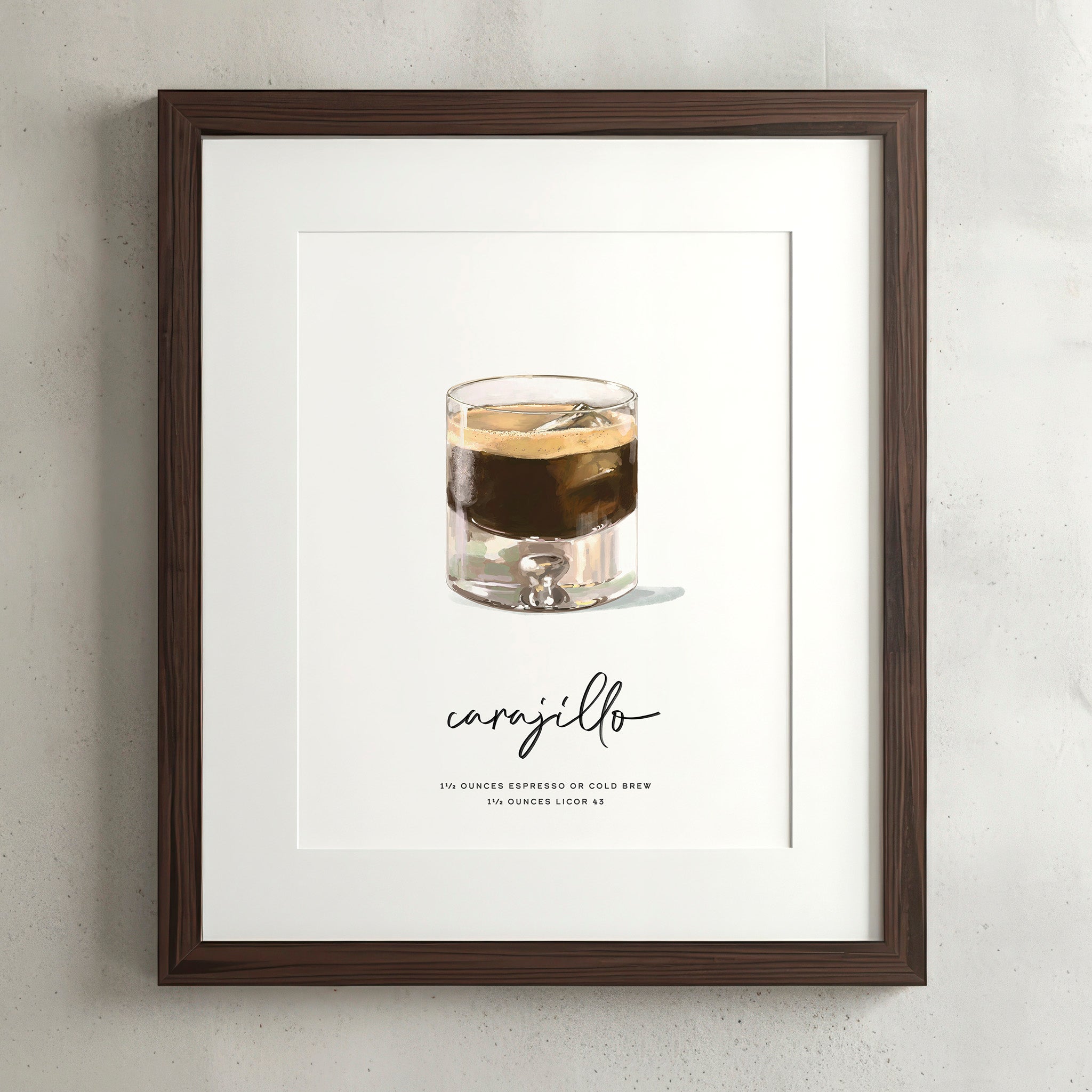 Carajillo cocktail wall art poster in a walnut frame, hand-drawn recipe illustration, 8x10 print