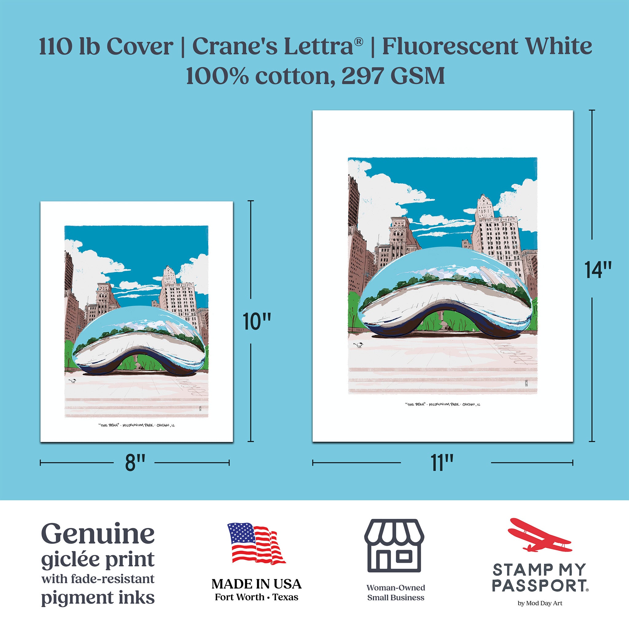 A product information graphic for a Crane's Lettra art print showing the artwork with printed dimensions (8 x 10 inches and 11 x 14 inches) on a light blue background, plus text describing the 110 lb cover, fluorescent white color, 100% cotton, 297 GSM weight, and brand/party logos at the bottom.