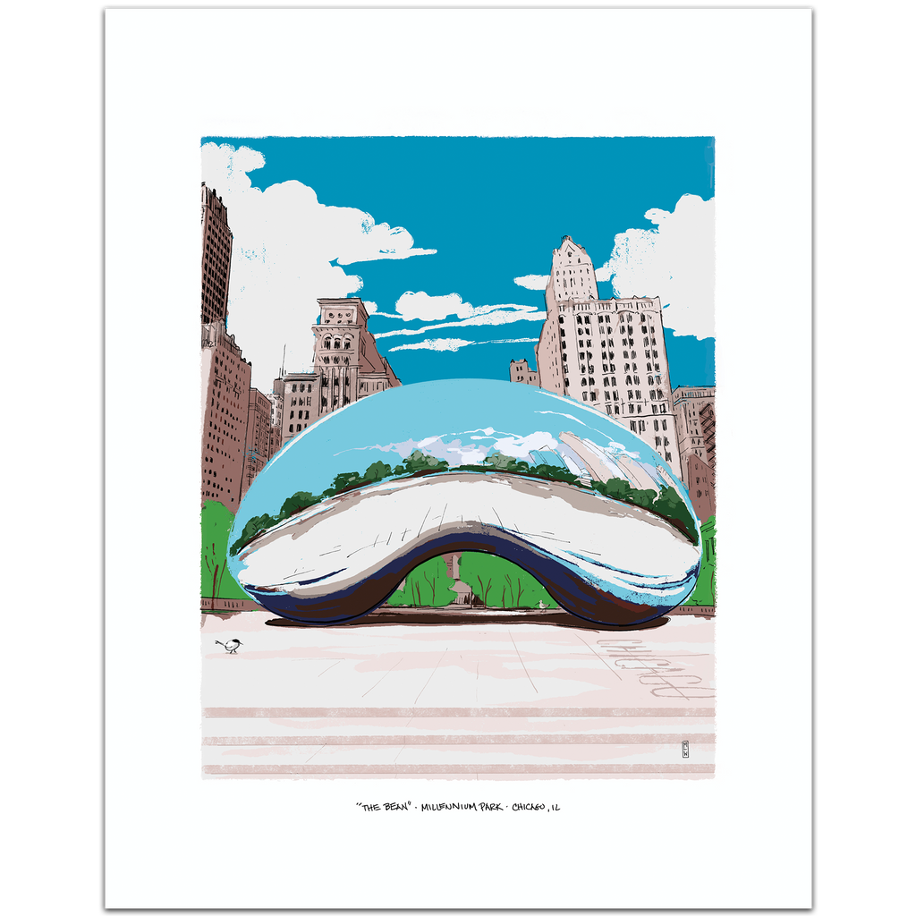 A hand-illustrated art print of Cloud Gate (The Bean) in Millennium Park, Chicago, showing the polished silver sculpture reflecting the city skyline, framed by a white border.