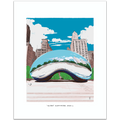 A hand-illustrated art print of Cloud Gate (The Bean) in Millennium Park, Chicago, showing the polished silver sculpture reflecting the city skyline, framed by a white border.