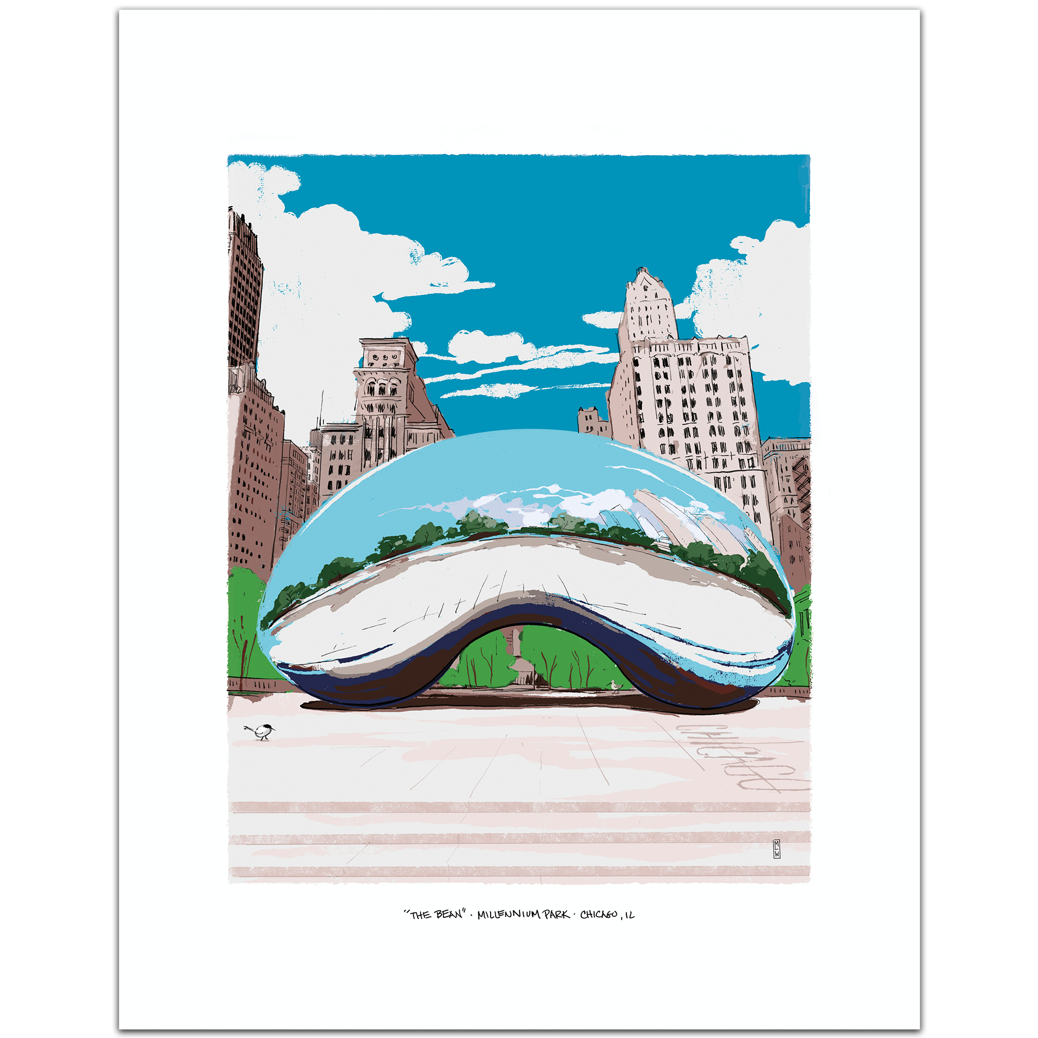 A hand-illustrated art print of Cloud Gate (The Bean) in Millennium Park, Chicago, showing the polished silver sculpture reflecting the city skyline, framed by a white border.