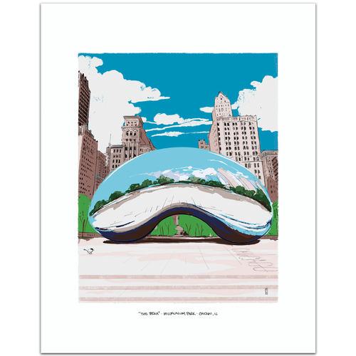 A hand-illustrated art print of Cloud Gate (The Bean) in Millennium Park, Chicago, showing the polished silver sculpture reflecting the city skyline, framed by a white border.