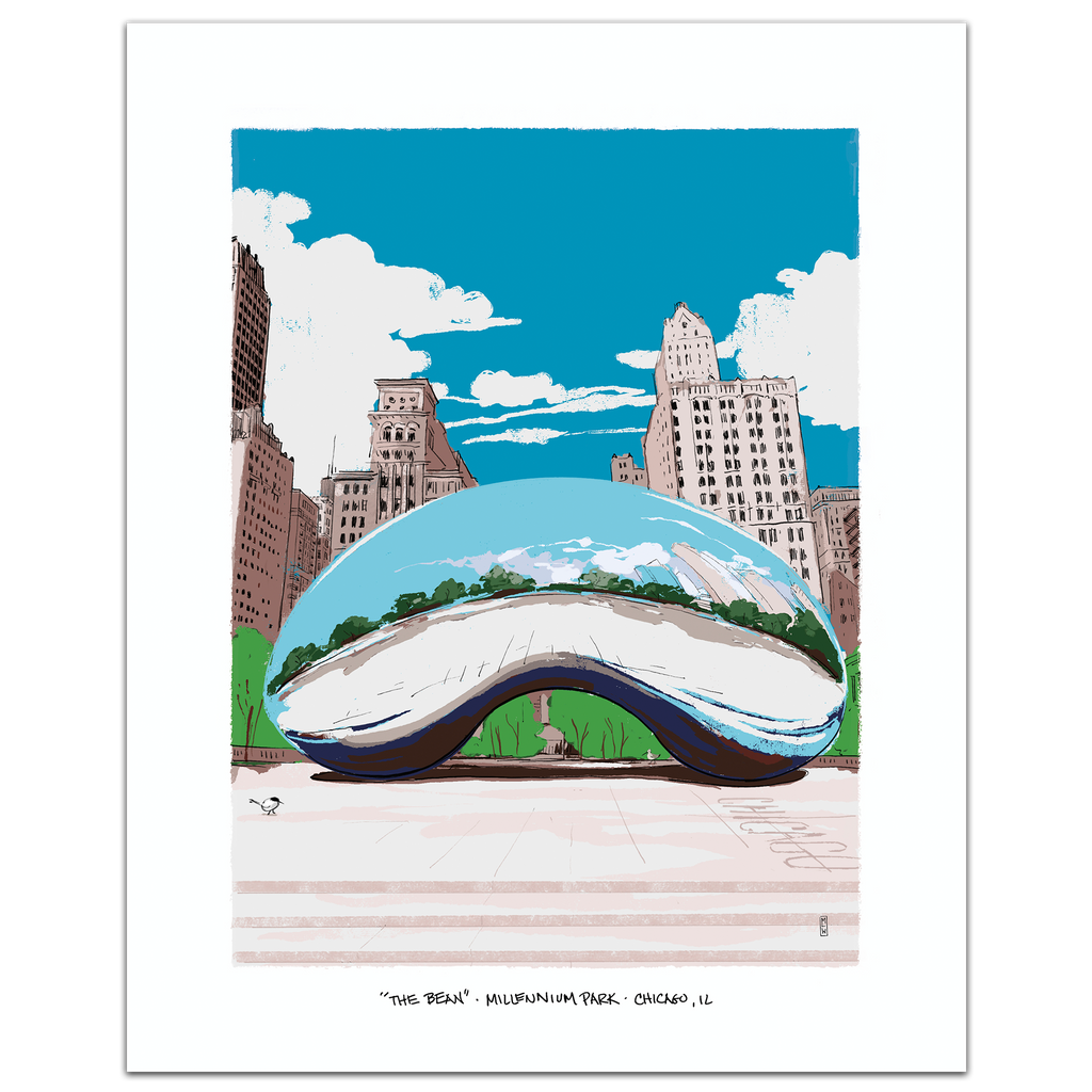 A hand-illustrated art print of Cloud Gate (The Bean) in Millennium Park, Chicago, showing the polished silver sculpture reflecting the city skyline, framed by a white border.