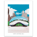 A hand-illustrated art print of Cloud Gate (The Bean) in Millennium Park, Chicago, showing the polished silver sculpture reflecting the city skyline, framed by a white border.