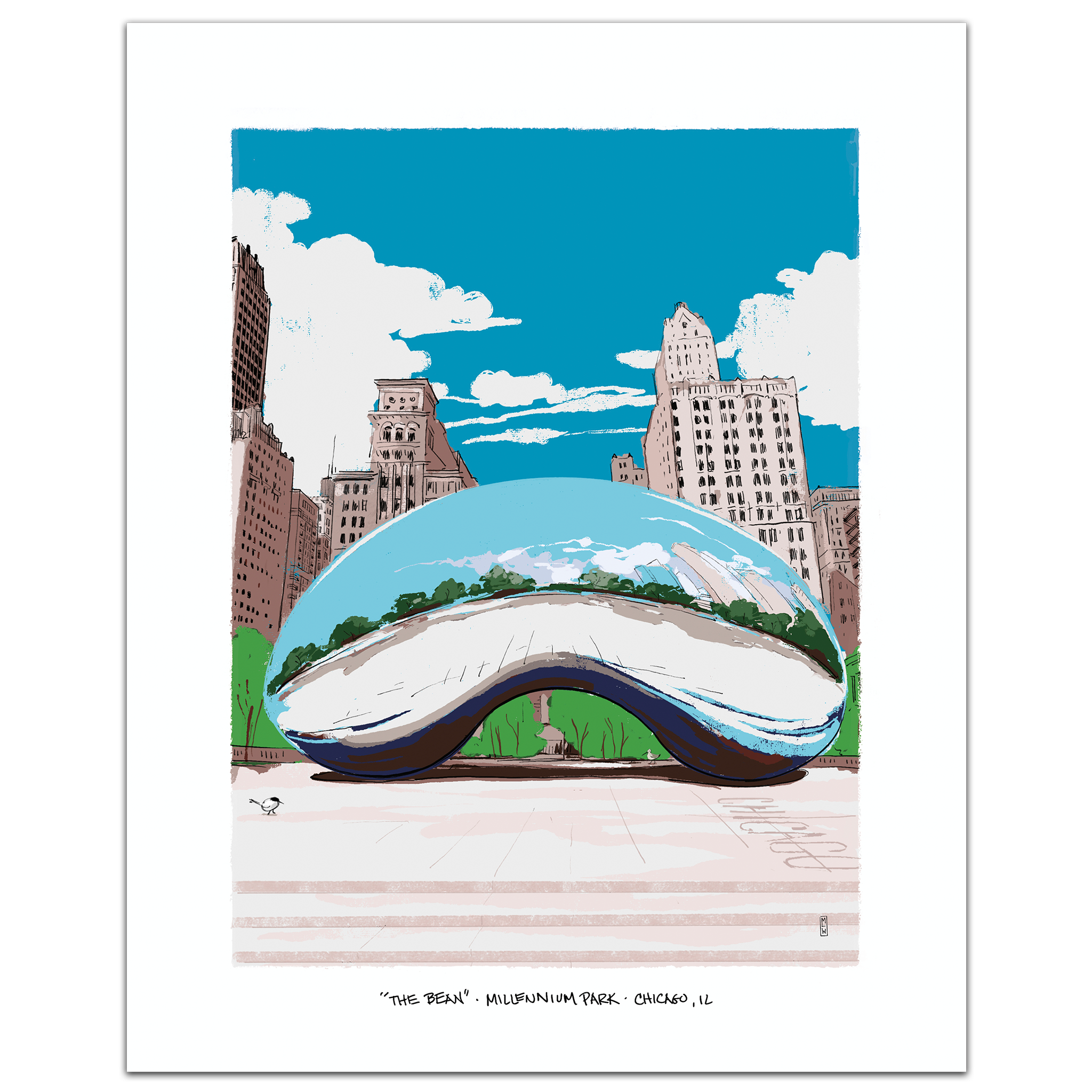 A hand-illustrated art print of Cloud Gate (The Bean) in Millennium Park, Chicago, showing the polished silver sculpture reflecting the city skyline, framed by a white border.