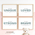 Scriptionery™ Nursery wall art set with “Brave” and “Loved” Christian-themed designs, framed and beautifully displayed in a cozy nursery setting.