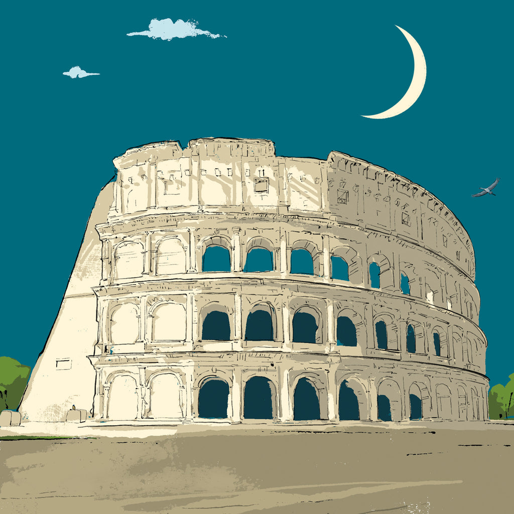 Close-up of The Colosseum, Rome art print, showing the cream-colored arches of the Colosseum under a crescent moon in a deep teal night sky.