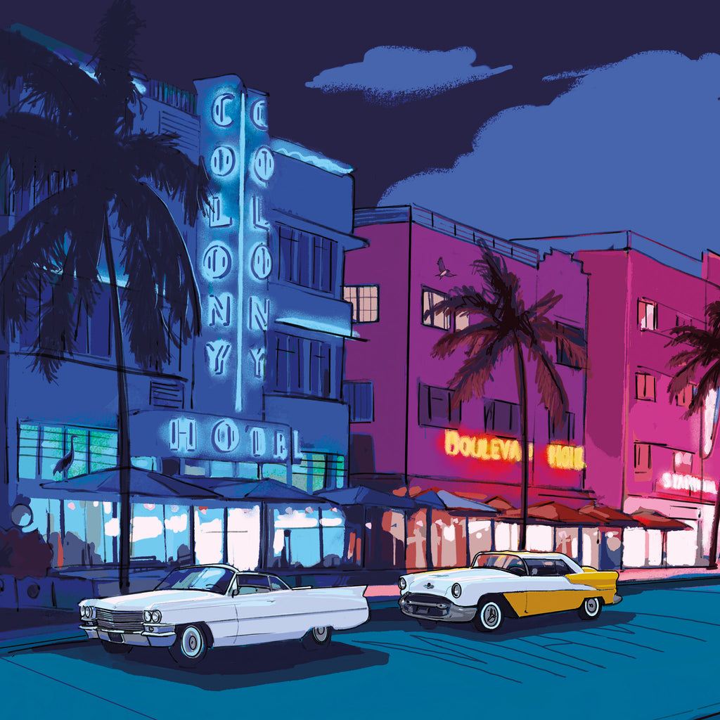 Close-up of the Ocean Drive at Night Miami Beach art print, showing the Colony Hotel's blue neon sign, the pink Boulevard Hotel, palm trees and two vintage cars under a night sky.