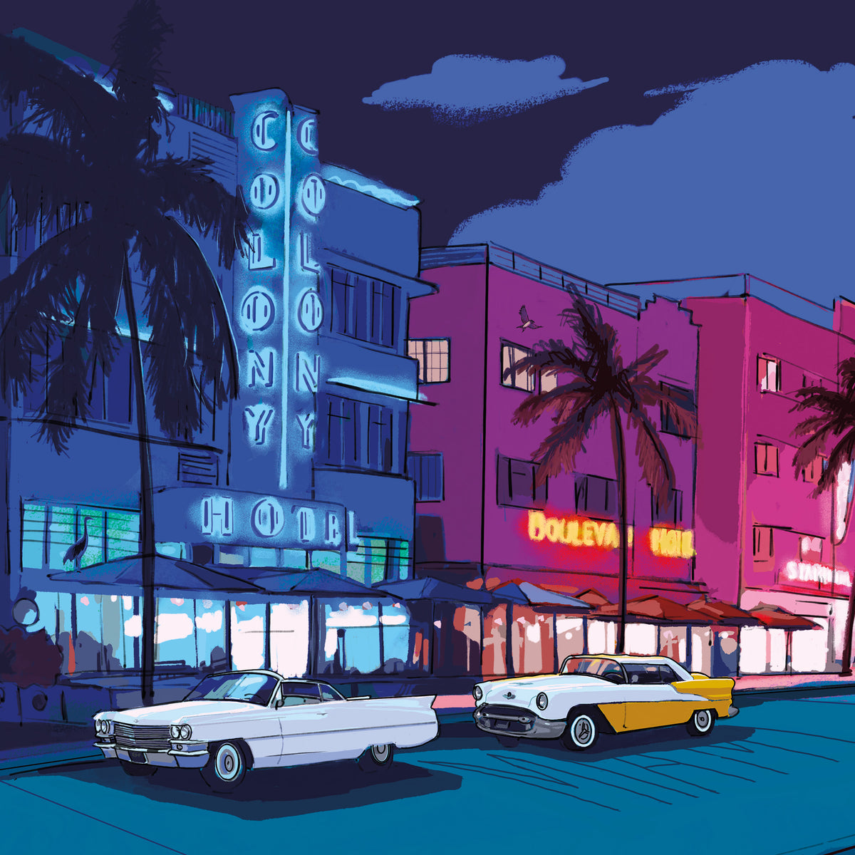 Close-up of the Ocean Drive at Night Miami Beach art print, showing the Colony Hotel's blue neon sign, the pink Boulevard Hotel, palm trees and two vintage cars under a night sky.