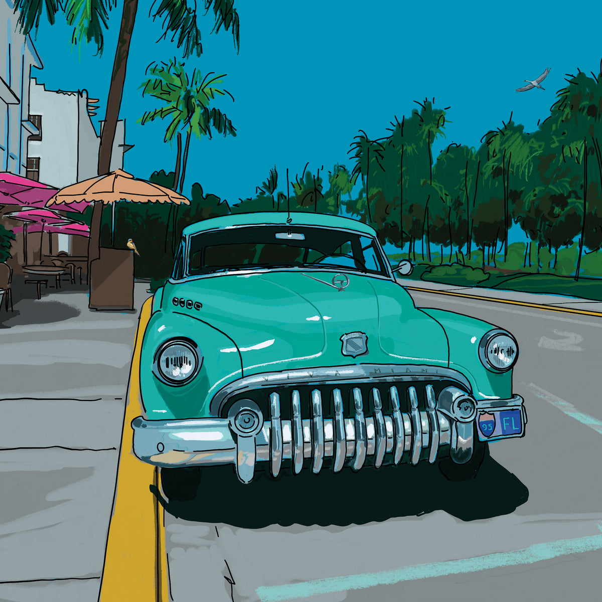 Close-up of the Ocean Drive by Day Miami Beach art print, showing the hand-illustrated mint-green vintage Buick parked on Ocean Drive with palm trees and café umbrellas behind it.